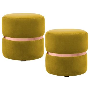 Imagem de Kit 2 Puffs Decorativos Com Cinto Rosê Round C-279 Veludo Amarelo - Domi