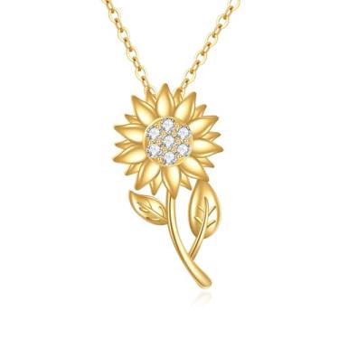 Imagem de KECHO Colar de girassol em ouro amarelo 14 k para mulheres, pingente de flor de ouro maciço, joias, presente de aniversário para ela, Medium, Ouro, Zircônia cúbica
