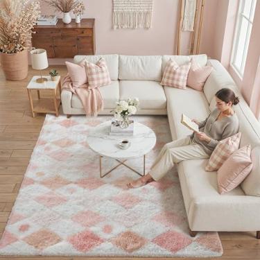 Imagem de PureCozy Tapete quadriculado 15 x 23 cm felpudo fofo sala de estar rosa tapete moderno lavável macio felpudo antiderrapante tapetes felpudos para quarto, dormitório, escritório, casa, decoração