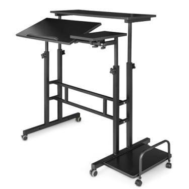 Imagem de Mesa de pé, mesa lateral móvel com rack principal de computador 80 x 30 x 67 ~ 115 cm, suporte para celular, coleção de cabos de cartão, mesa inclinável, mesa de mesa, preto