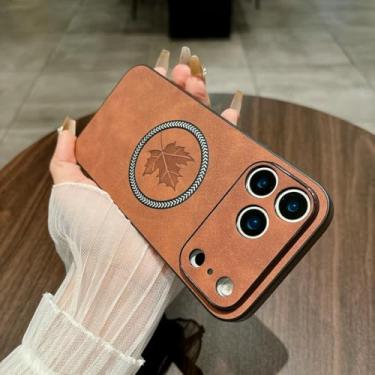 Imagem de SFDSUH Capa com estampa de folha de bordo para iPhone 15, com carregamento sem fio e ímã (para iPhone 15/marrom escuro)