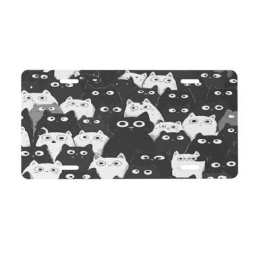 Imagem de Placa de licença de gato preto e branco fofo para frente do carro placas de carro alumínio metal adequado para caminhão, placa de porta de carro, bar, café, acessórios automotivos para homens e