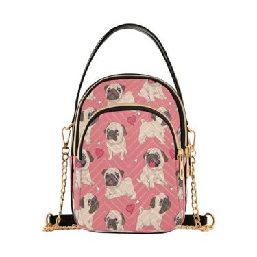 Imagem de TSENQUE Bandeira Americana EUA Bolsa feminina sobre o ombro estampada alça corrente bolsa de telefone Lady Bowler Satchel, Com imagem de um desenho engraçado de filhotes de pugs, 5.91x3.15x8.27inches