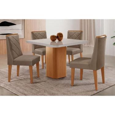 Imagem de Conjunto: Mesa de Cozinha Maldivas Tampo c/ Vidro Curvo 90cm+4 Cadeiras Pietá Madeira Naturale/Off White - Capuccino/Suede Capuccino - Rufato