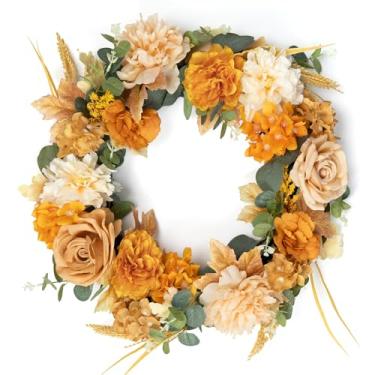 Imagem de Guirlanda de flores de seda artificial para porta da frente, guirlanda de champanhe laranja e peônia terrestre de 56 cm, decoração de parede para casa, casamento, Natal, Ano Novo, decoração de porta