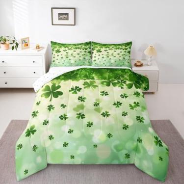 Imagem de Conjunto de edredom feliz dia de São Patrício, tamanho casal, trevo e sorte, edredom verde, 2 fronhas