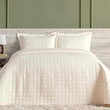 Imagem de Kit Colcha Bouti Cobre Leito Casal Tecido Estampado Dupla Face 03 Peças - Fronhas Aba Americana - Matelado (2,10m x 2,40m) (MARFIM COB02)