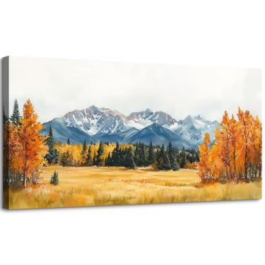 Imagem de SLYCAY Impressões de arte de parede em tela grande montanha de neve, paisagem de floresta de outono, natureza, decoração de parede, imagem, pintura moderna, aquarela, arte, sala de estar, quarto