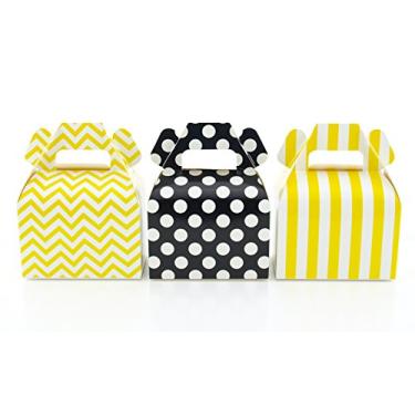 Imagem de Caixas de lembrancinhas de festa Bumblebee e adesivos de vinil de quadro negro de etiqueta preta (pacote com 36) - decorações de festa de abelha amarela e preta, caixas de doces de aniversário, suprimentos de festa de abelha