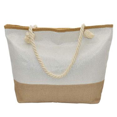 Imagem de We We Bolsas de praia grandes femininas de lona com palha, bolsa de praia à prova d'água, bolsa de ombro para viagem, academia, natação, Sacola de praia branca