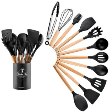 Imagem de Jogo Kit 12 Peças Utensílios Cozinha Silicone Premium C/Cabo Madeira Escumadeira Espátula Concha Pote Azul Vermelho Cinza Rosa Preto Branco (PRETO)