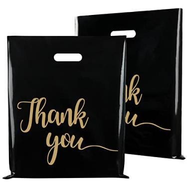 Imagem de Jutieuo Pacote com 100 sacos de compras pretos Thank You para pequenas empresas - 38 cm x 45,7 cm extra grosso 2,36 mil sacos de agradecimento de plástico com alças para lojas, boutique, roupas,
