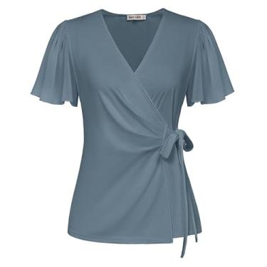 Imagem de GRACE KARIN Blusa feminina de verão 2024 elegante casual de chiffon com gola V e gola V para trabalho, Cinza, azul, M