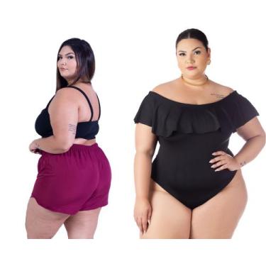 Imagem de Kit Short Feminino Plus Size Saída De Praia + Body Babado Ciganinha Co