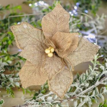 Imagem de Flor de Natal Poinsettia de Juta e Linho com Botões em Madeira 27cm  N