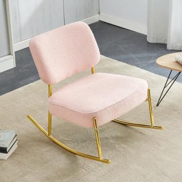 Imagem de SPOFLYINN Cadeira de balanço sem braços para sala de estar, espreguiçadeira estofada de tecido confortável com encosto e base de metal, para sala de estar, quarto, varanda, escritórios, veludo rosa