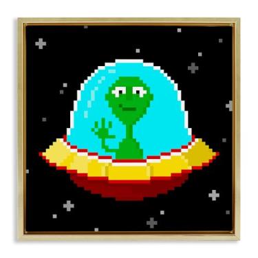 Imagem de Stupell Industries Pixel Alien Spaceship Framed Floater Canvas Wall Art Design por June Erica Vess, moldura flutuante dourada, 45,7 x 45,7 cm