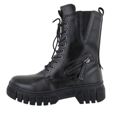 Imagem de Bota Coturno Tratorada Feminina Motoqueira Fechamento Cadarço Ajuste Elastico Sola Borracha