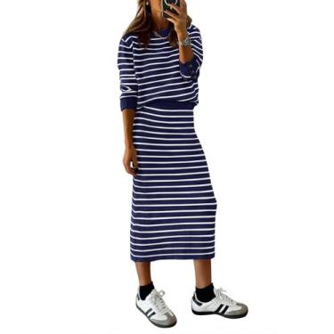 Imagem de Conjunto de Suéter e Saia Midi Listrada PRETTYGARDEN - Azul