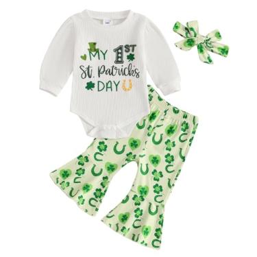 Imagem de Conjunto de roupas para bebês recém-nascidas St Patricks com estampa de letras de manga comprida e faixa de cabeça para bebês meninas 0-18 meses, My First St Patricks, 12-18 Meses