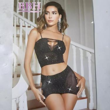 Imagem de Mini vestido body lingerie sexy arrastão com strass sensual - PINK BAB