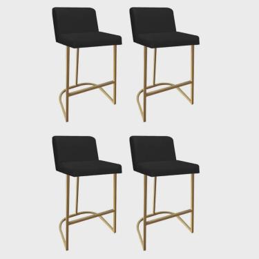 Imagem de Kit 04 Banquetas Com Encosto Noah Luxo Confort Bistrô Cozinha Ferro Dourado Suede Preto - Ahz Móveis