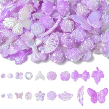 Imagem de Ipotkitt 100 peças aleatórias de acrílico violeta sortido kits de contas românticas flor rosa espaçador contas de plástico pingentes de concha de plástico para chaveiro faça você mesmo pulseira