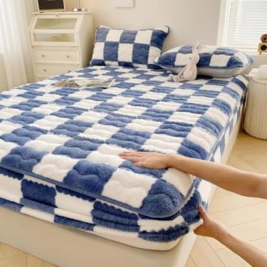 Imagem de Lençol ajustável para colchão flanela de luxo capa protetora de colchão antiderrapante capa ultra macia aos quadrados anti-pó roupa de cama impermeável confortável - azul, solteiro 35 x 79 polegadas