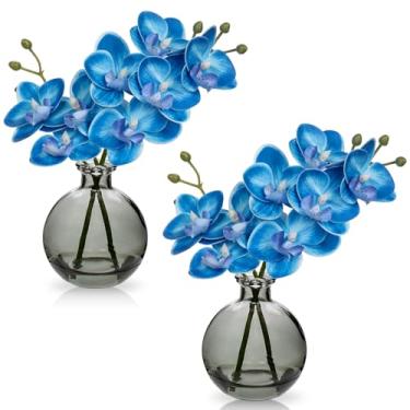 Imagem de Oairse Blue Orchids Arranjo de orquídeas artificiais com vaso de vidro preto conjunto de 2 peças centrais de orquídeas Phalaenopsis de toque real para mesa de sala de jantar