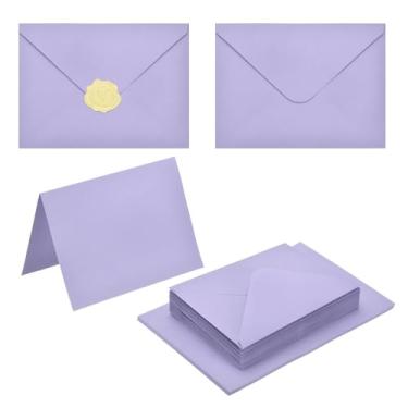 Imagem de PATIKIL Pacote com 50 envelopes roxos claros com cartões, envelopes A7 com aba em V com cartolina e adesivos dourados para cartões comemorativos de casamento, convites de aniversário, envio de cartas