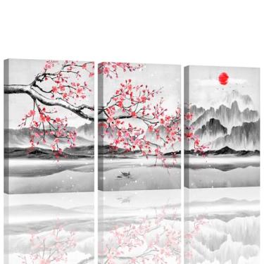 Imagem de Arte de parede rosa flor de cerejeira sol vermelho decoração de parede japonesa rosa floral arte em tela imagens estéticas para quarto de meninas decoração de parede para sala de estar quarto cozinha