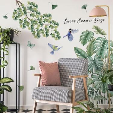 Imagem de Adesivos de parede com folhas de palmeira tropical: descasque e cole plantas verdes pássaros arte de parede decalques murais para quarto sala de estar sofá TV fundo decoração de parede