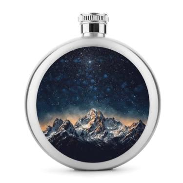 Imagem de Cantil clássico com estampa de montanhas noturnas estreladas, garrafa de aço inoxidável para bebidas alcoólicas, 142 g