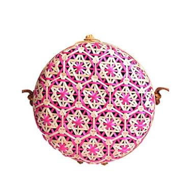 Imagem de SHAREYOIU Bolsas de ombro redondas de bambu tecidas à mão, estilo tropical de praia natural chique com alça de couro, rosa, Big，7.87x 3.2 inch