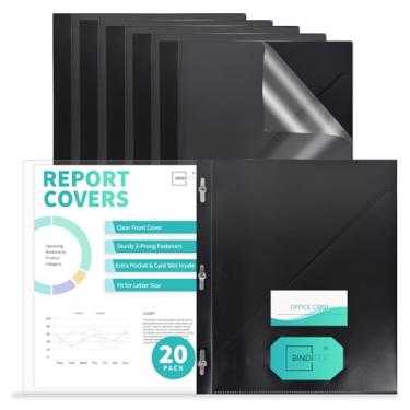 Imagem de Binditek Pacote com 20 capas frontais transparentes com 3 pinos, capacidade para 100 folhas, pasta de relatório de plástico resistente com capas traseiras pretas, 3 fixadores de garras de metal