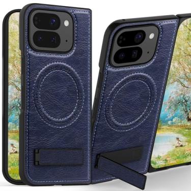 Imagem de Ephoou Para Google Pixel 10 Pro Fold compatível com MagSafe, suporte integrado e anel magnético forte PU capa de proteção de grau militar à prova de choque para Pixel 10 Pro Fold JD-Blue