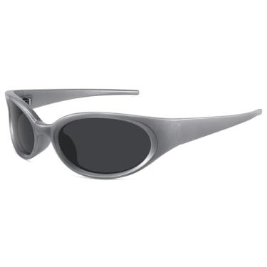 Imagem de WOWSUN Óculos de sol retrô Y2K para mulheres, óculos escuros esportivos polarizados modernos com proteção UV, Lente cinza prateada, Medium