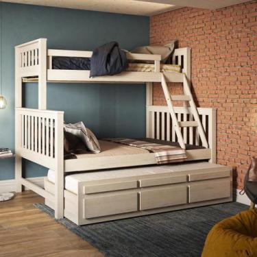 Imagem de Treliche com Cama de Casal Branco Lavado c/ Cama Auxiliar 3 Gavetas Ma