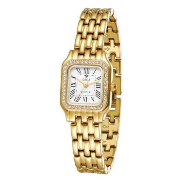 Imagem de O.M.J Relógio quadrado feminino dourado com bisel de cristal de aço inoxidável 3ATM resistente à água