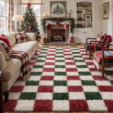Imagem de PureCozy Tapete quadriculado 20 x 25 cm para sala de estar, tapete felpudo de Natal lavável, antiderrapante, tapete de área grande, supermacio, tapete felpudo para quarto, casa, decoração estética