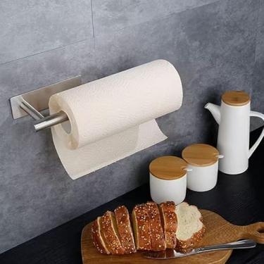 Imagem de Suporte de toalha de papel autoadesivo, sem perfuração, suporte de toalha de papel de aço inoxidável para suporte sob armário e parede, dispensador de rolo de guardanapo para cozinha, banheiro