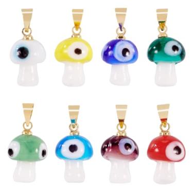 Imagem de Pingentes de vidro feitos à mão com pingente de cogumelo olho turco, 16 peças, com fechos de fivela de latão dourado para pulseira faça você mesmo, colar, brinco, fabricação de joias 16 ~ 17 x 9,5 ~