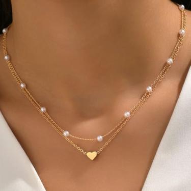 Imagem de Colares de pérolas em camadas de coração para mulheres, minimalistas, banhados a ouro, delicados, pequenos corações de amor, minúsculo, corrente dupla, dia dos namorados, casamento, aniversário, festa