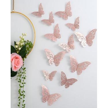 Imagem de Generic 36 peças de adesivos de parede borboleta ouro rosa 3D, decoração de parede de borboleta moderna para interior e exterior, autoadesivo, leve, material metálico, perfeito para paredes, vidro