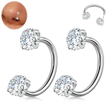 Imagem de ONEISNG Anel de nariz em ferradura 18G Aço Stianless Threadless piercing de nariz para mulheres homens zircônia cúbica dupla meia argola anel de nariz sapato de cavalo Daith Tragus brinco lábio septo