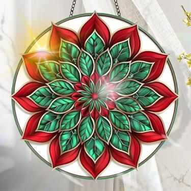 Imagem de Suncatcher acrílico colorido, decoração de janela suspensa de flores com design de vitral impresso, apanhador de sol, arte de parede de arco-íris, ornamentos de Natal para uso interno e externo 19,8 x