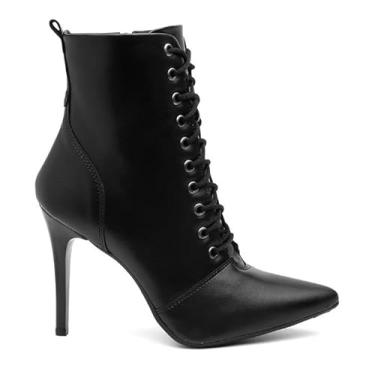 Imagem de Bota Feminina Salto Alto Preta em Couro Sintético, Cano Alto com Cadarço, Estilo Elegante para Mulher (preto, Único, BR, Adulto, Numérico, 38)