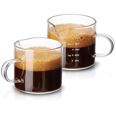 Imagem de Conjunto de 2 xícaras de café expresso, copos de café expresso e leite de vidro transparente com bicos duplos, alça e escala, acessórios ideais para café expresso
