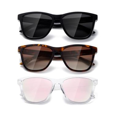 Imagem de (Pacote com 3) Óculos de sol para mulheres e homens, moderno, clássico, estilo retrô, Preto/cinza + carapaça de tartaruga/mudança gradual de marrom + transparente/rosa claro