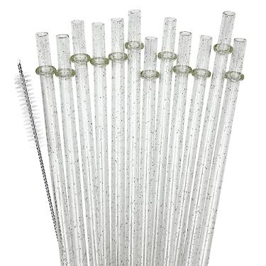 Imagem de Pacote com 12 canudos de plástico reutilizáveis com glitter, canudos duros de 28 cm de comprimento com escova de limpeza, lavável na lava-louças - Transparente (JCF)